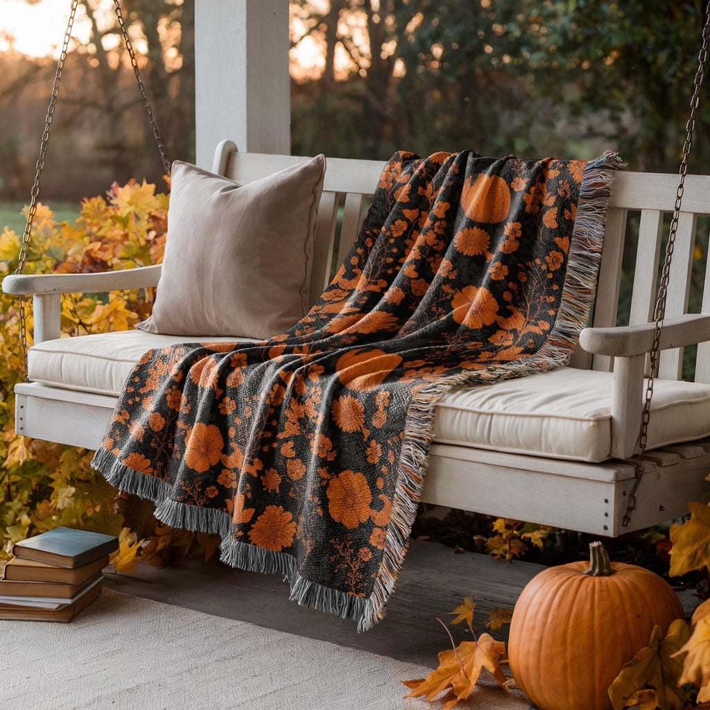 Fall Floral Throw Blanket, Autumn Leaves Woven Blanket, Retro Halloween Decor, Cozy Couch or Reading Nook Blanket, Goth Nursery Baby Blanket