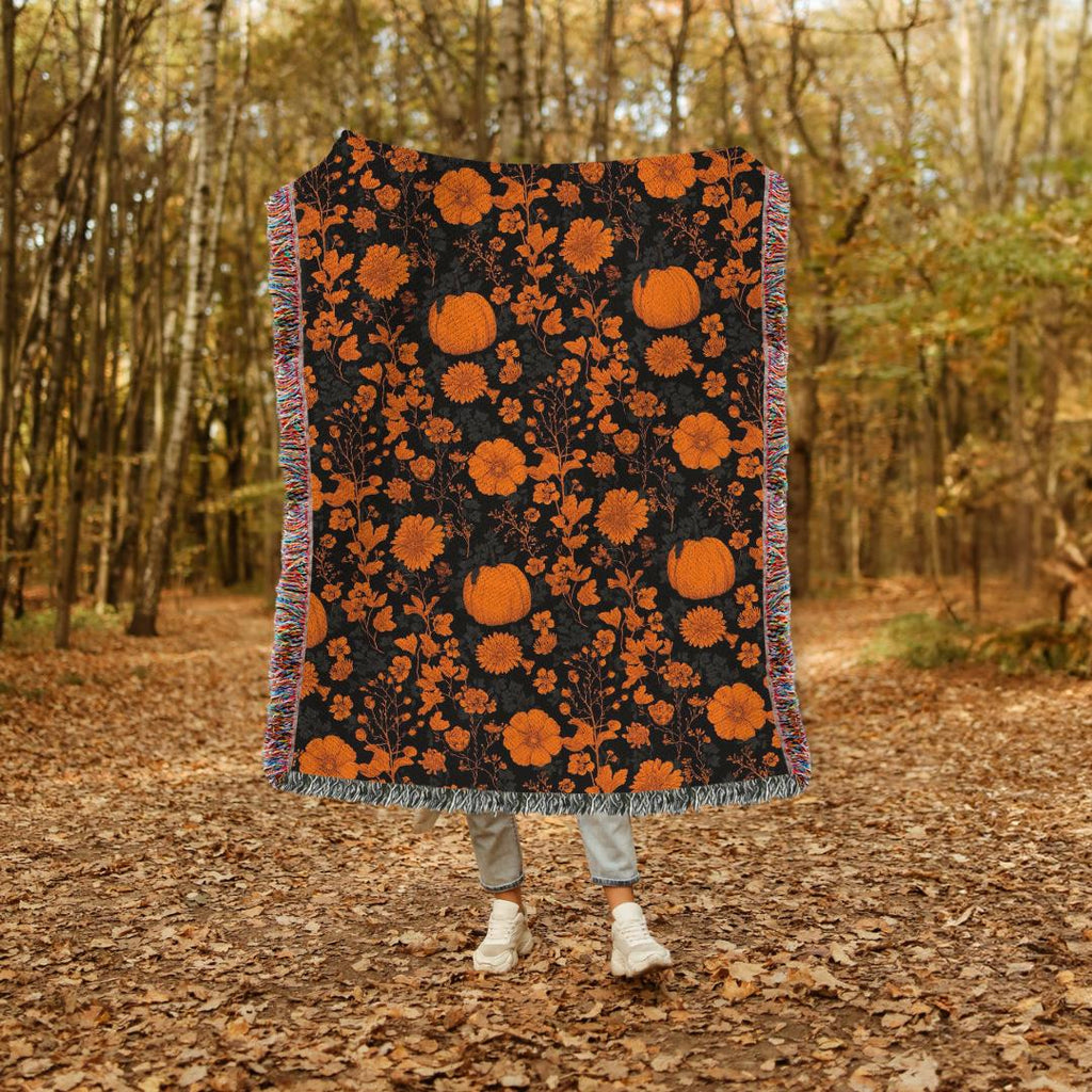 Fall Floral Throw Blanket, Autumn Leaves Woven Blanket, Retro Halloween Decor, Cozy Couch or Reading Nook Blanket, Goth Nursery Baby Blanket