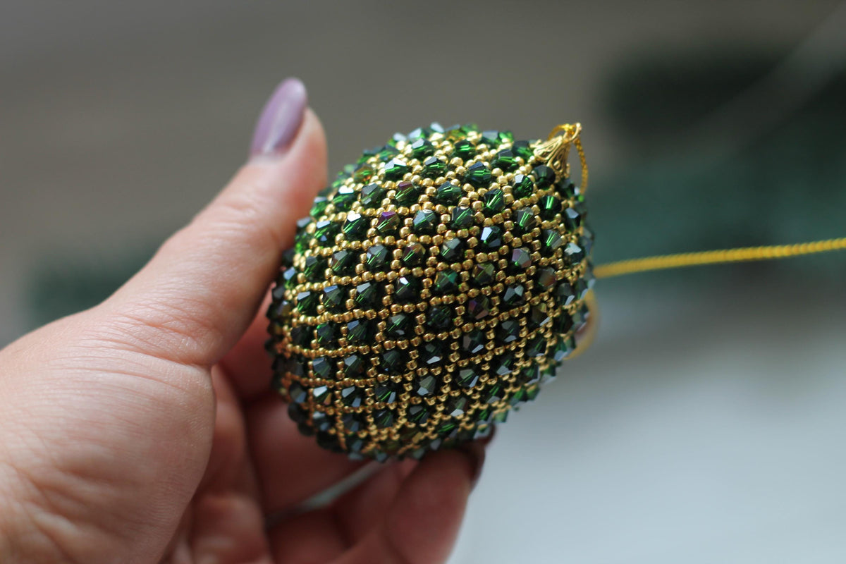 Handmade Beaded Christmas Ornament – Green and Gold Egg with Japanese Beads and Glass Crystals, Sparkling Holiday Decoration