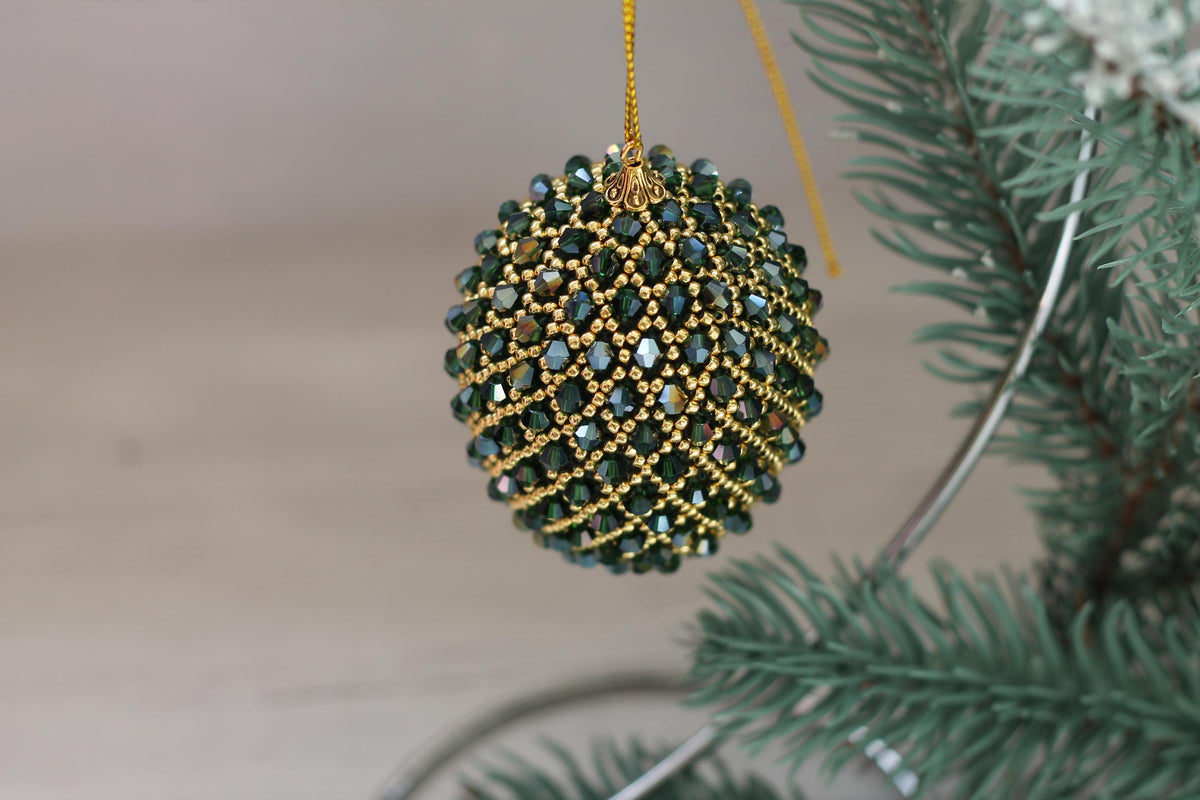 Handmade Beaded Christmas Ornament – Green and Gold Egg with Japanese Beads and Glass Crystals, Sparkling Holiday Decoration
