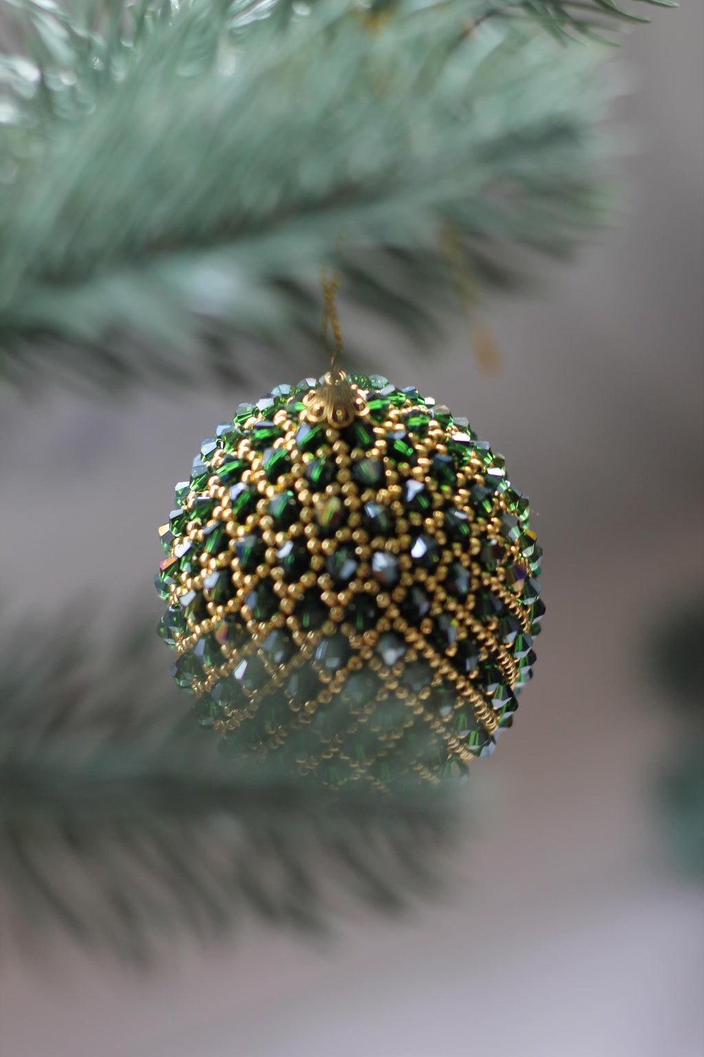 Handmade Beaded Christmas Ornament – Green and Gold Egg with Japanese Beads and Glass Crystals, Sparkling Holiday Decoration