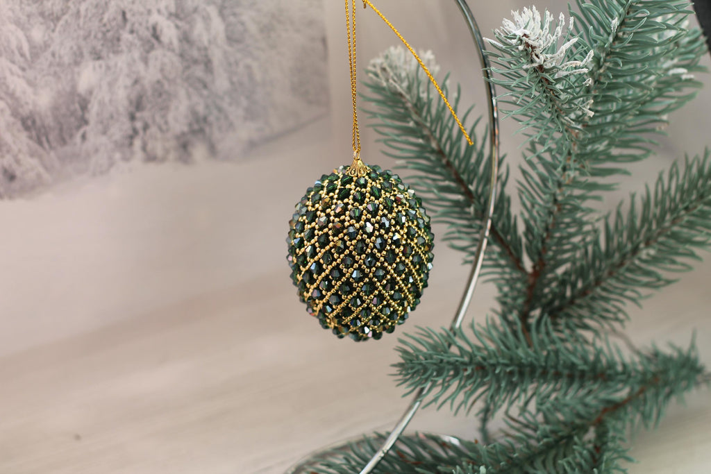 Handmade Beaded Christmas Ornament – Green and Gold Egg with Japanese Beads and Glass Crystals, Sparkling Holiday Decoration