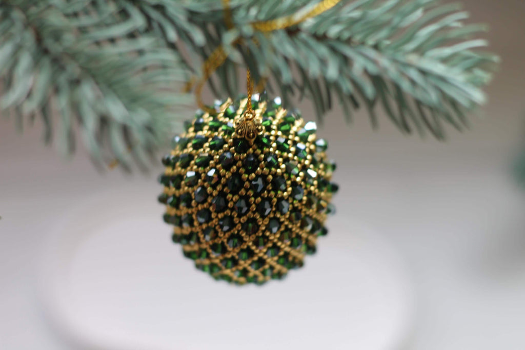 Handmade Beaded Christmas Ornament – Green and Gold Egg with Japanese Beads and Glass Crystals, Sparkling Holiday Decoration