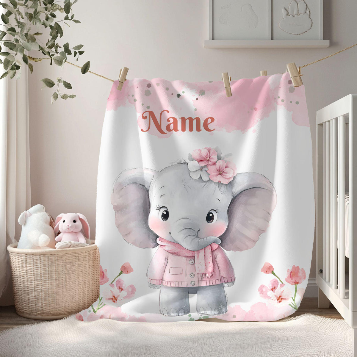 Personalized Baby Elephant Blanket, Nursery Gift, Soft Kids Throw, Baby Shower Gift, Custom Name Blanket,Toddler Comfort, Name Blanket Retro