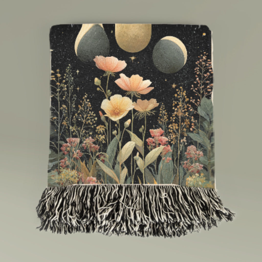 Triple Moon Woven Blanket – Gothic Floral Watercolor Tapestry