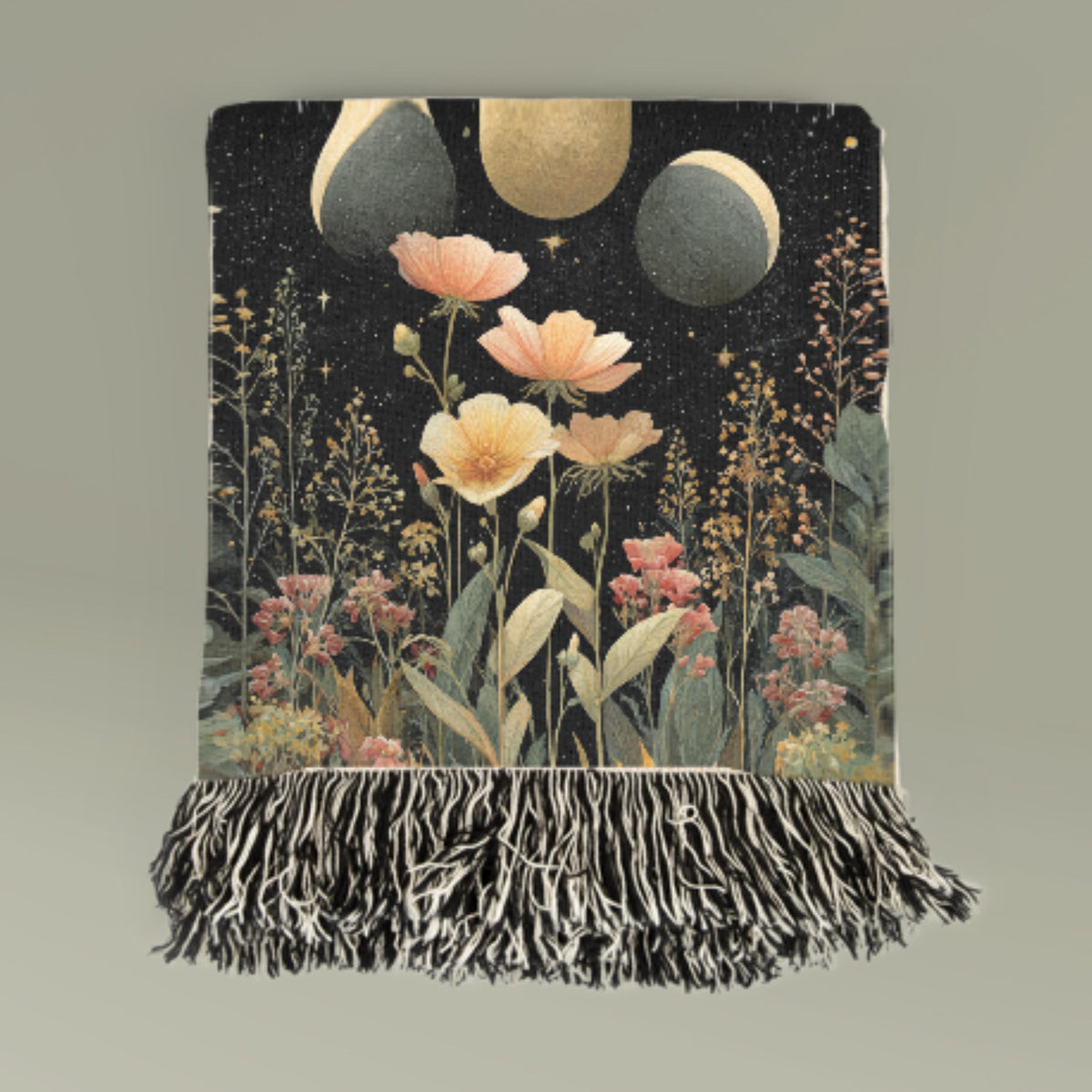 Triple Moon Woven Blanket – Gothic Floral Watercolor Tapestry