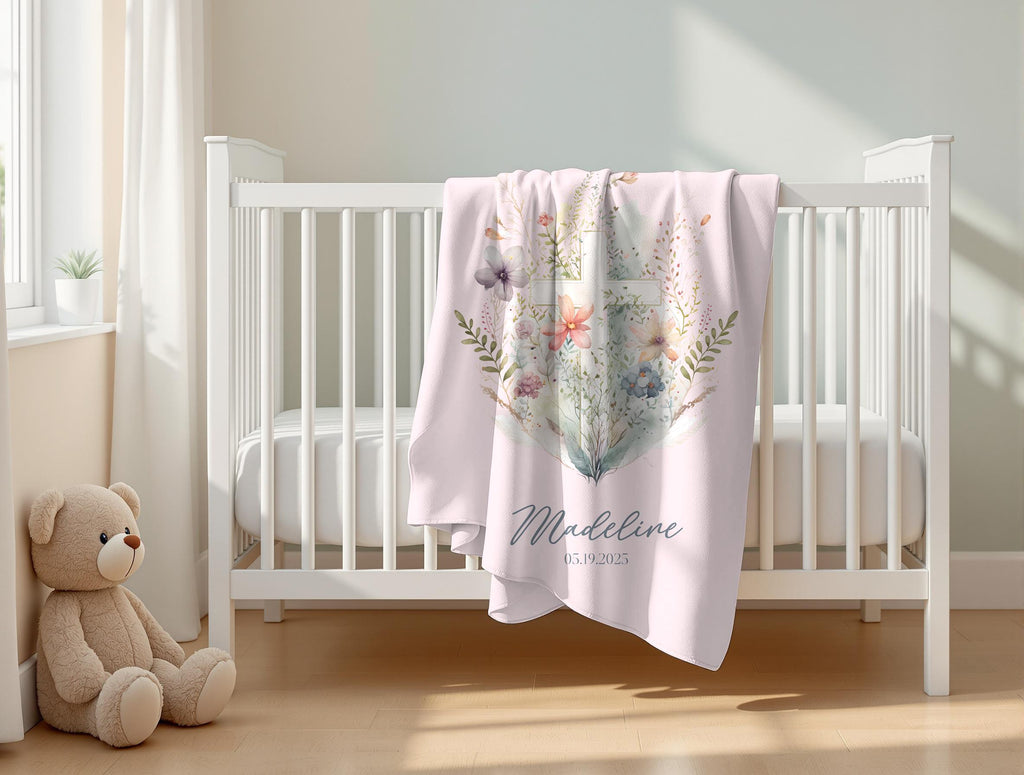 Personalized Floral Baptism Velveteen Blanket, Custom Baby Shower Gift, Soft Baby Nursery Decor, Monogrammed Toddler Throw, Cozy Infant