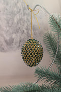 Handmade Beaded Christmas Ornament – Green and Gold Egg with Japanese Beads and Glass Crystals, Sparkling Holiday Decoration