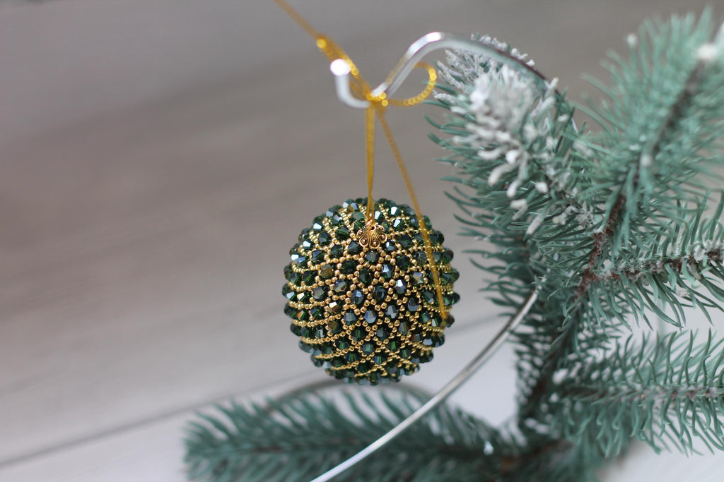 Handmade Beaded Christmas Ornament – Green and Gold Egg with Japanese Beads and Glass Crystals, Sparkling Holiday Decoration