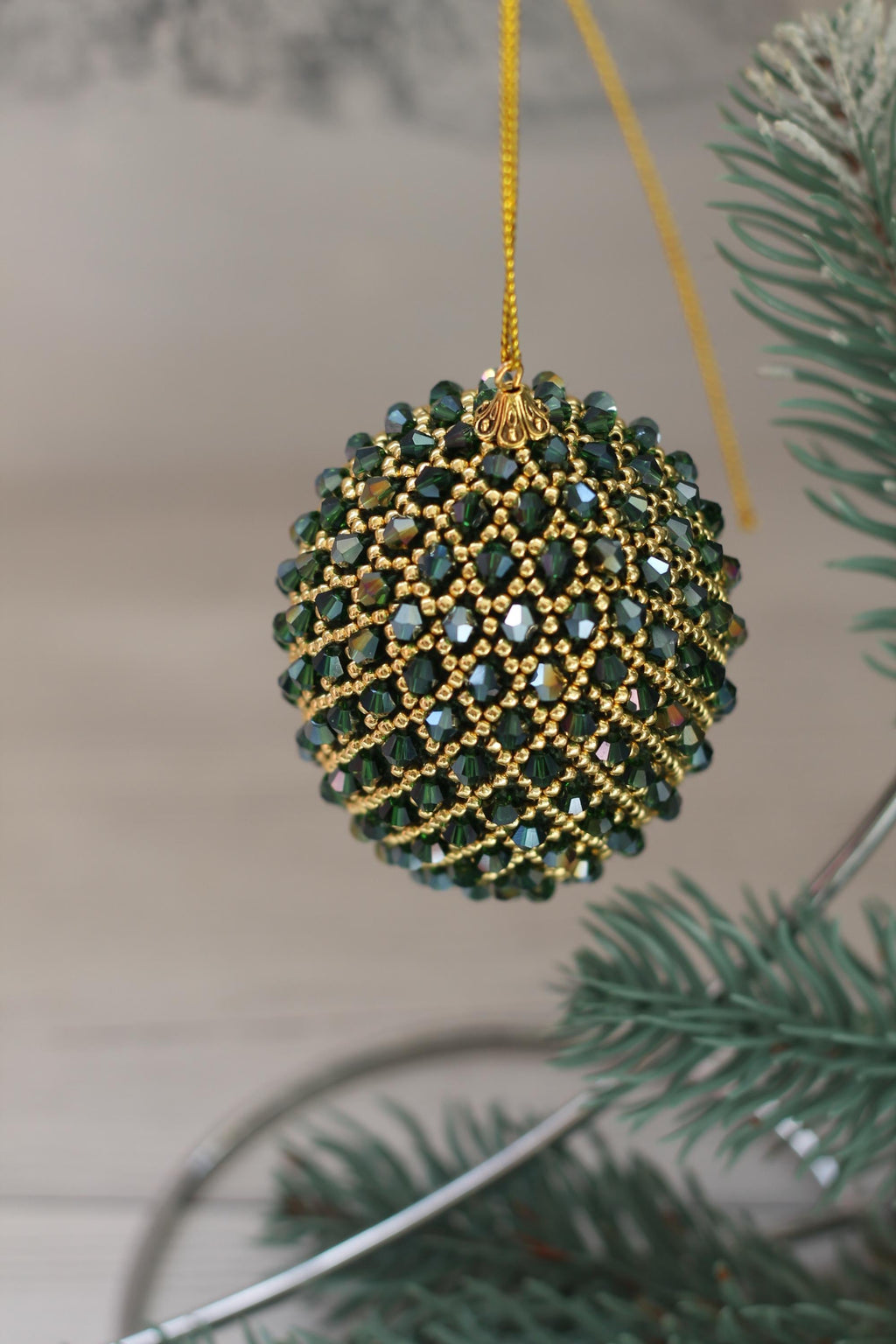 Handmade Beaded Christmas Ornament – Green and Gold Egg with Japanese Beads and Glass Crystals, Sparkling Holiday Decoration