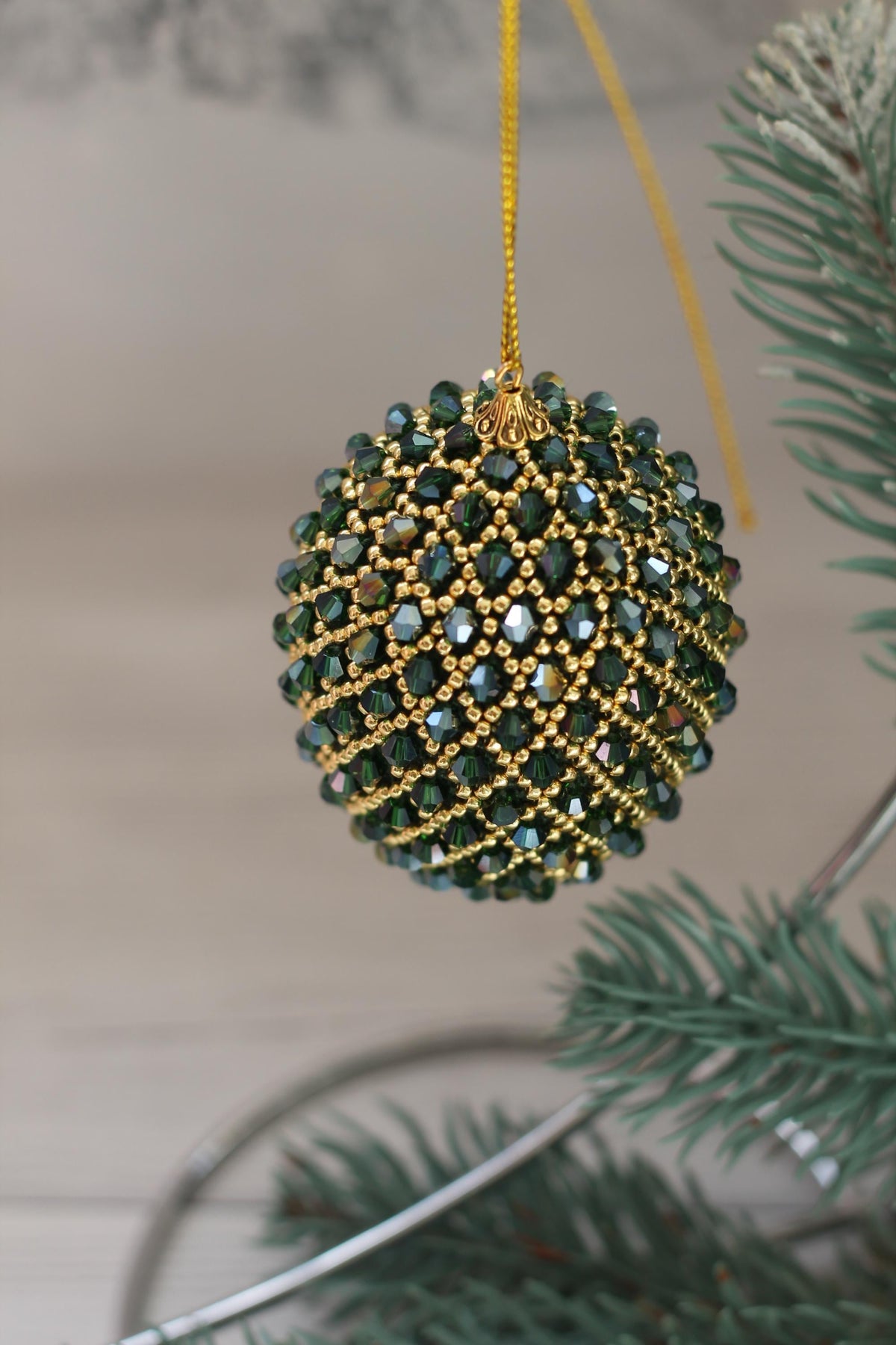Handmade Beaded Christmas Ornament – Green and Gold Egg with Japanese Beads and Glass Crystals, Sparkling Holiday Decoration