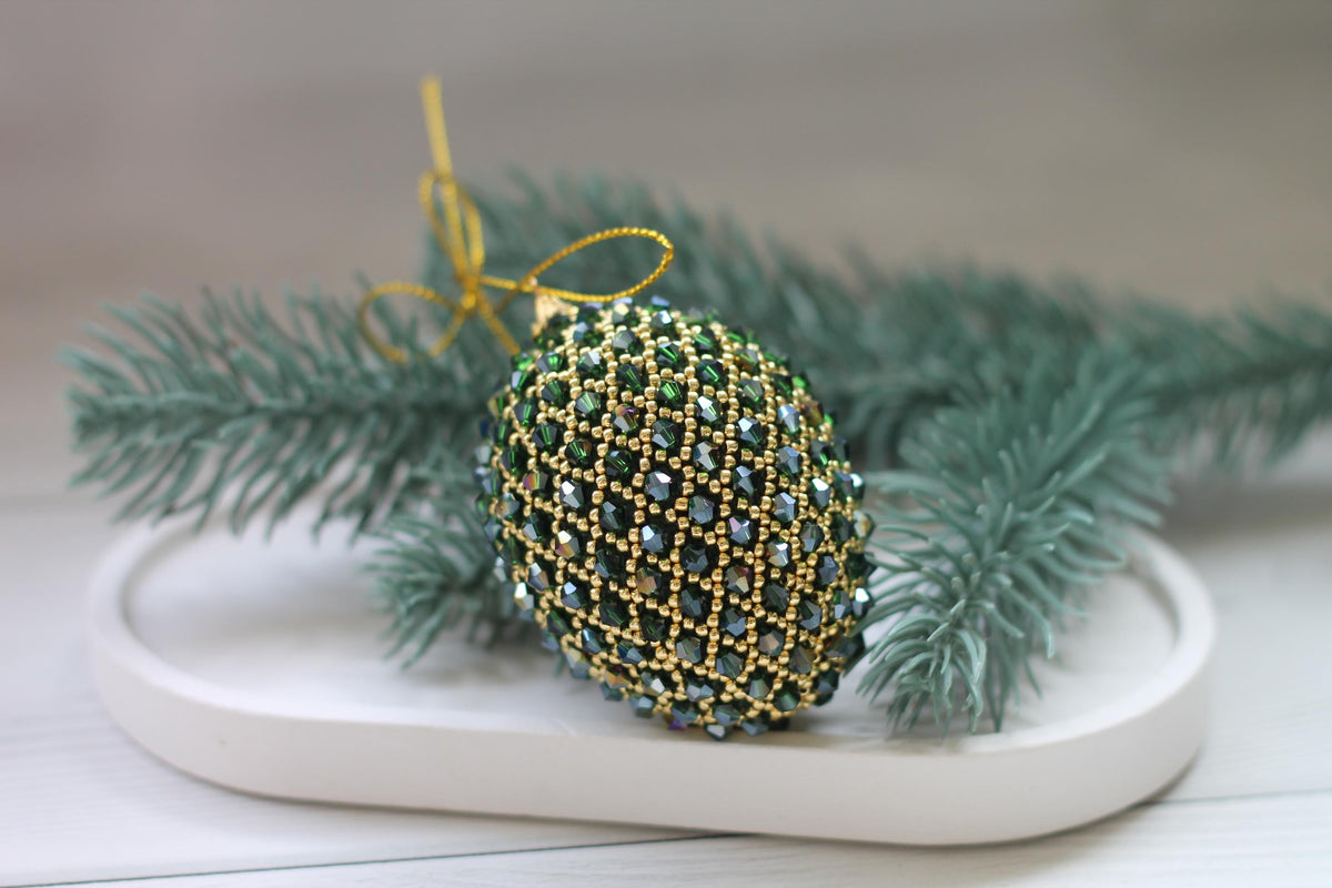Handmade Beaded Christmas Ornament – Green and Gold Egg with Japanese Beads and Glass Crystals, Sparkling Holiday Decoration