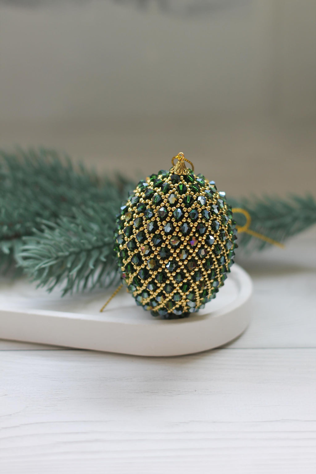 Handmade Beaded Christmas Ornament – Green and Gold Egg with Japanese Beads and Glass Crystals, Sparkling Holiday Decoration