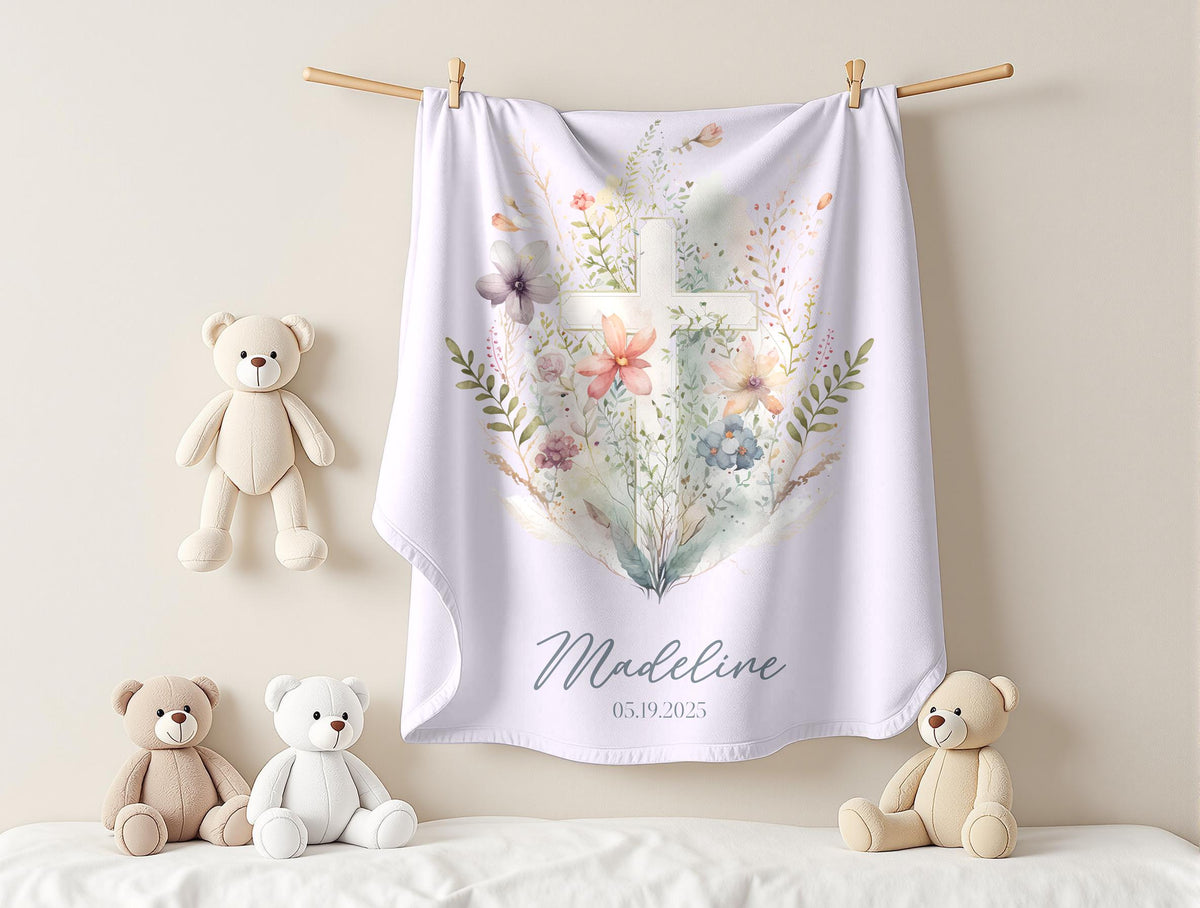 Personalized Floral Baptism Velveteen Blanket, Custom Baby Shower Gift, Soft Baby Nursery Decor, Monogrammed Toddler Throw, Cozy Infant
