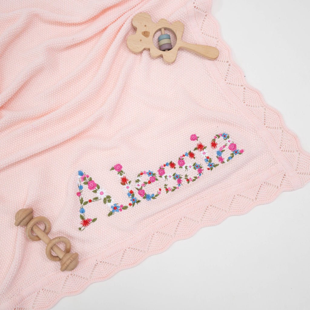Personalized Embroidered Baby Blanket, Boho Baby Blanket, Floral Baby Blanket, Baby Knit Blanket, Newborn Gift For baby Girl, First Birthday