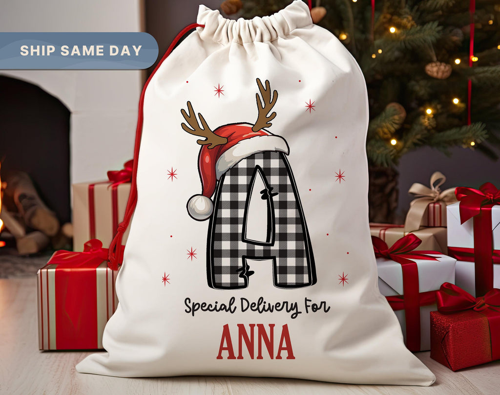 Santa Sack for Kids, Christmas Bag for Presents, Santa Bags with Name, Personalized Gift Bag, Custom Stocking Bags, (SB-3)
