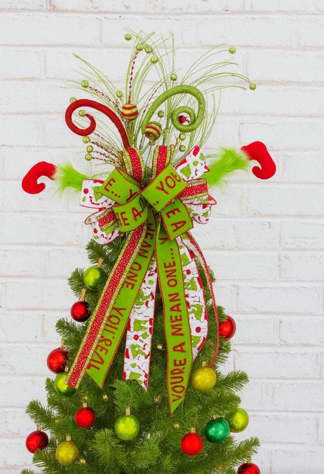 Tree topper Christmas lime and red, white holiday elf legs bow, You're a Mean One bow, Holiday Decor, Tree Decoration