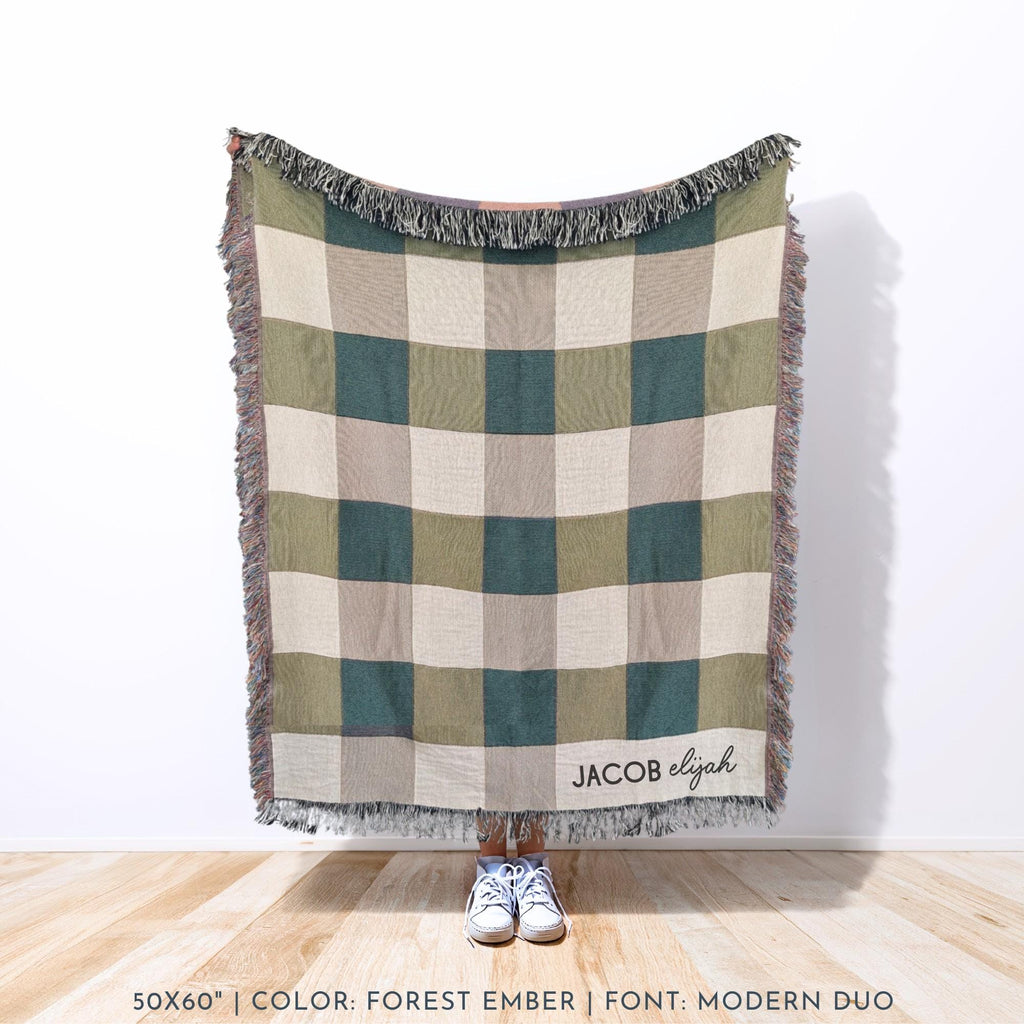 Personalized Woven Throw | Modern Checkered Blanket, Name Gift for Him, Christmas Gift for Kids, Birthday Present for Teenage Son