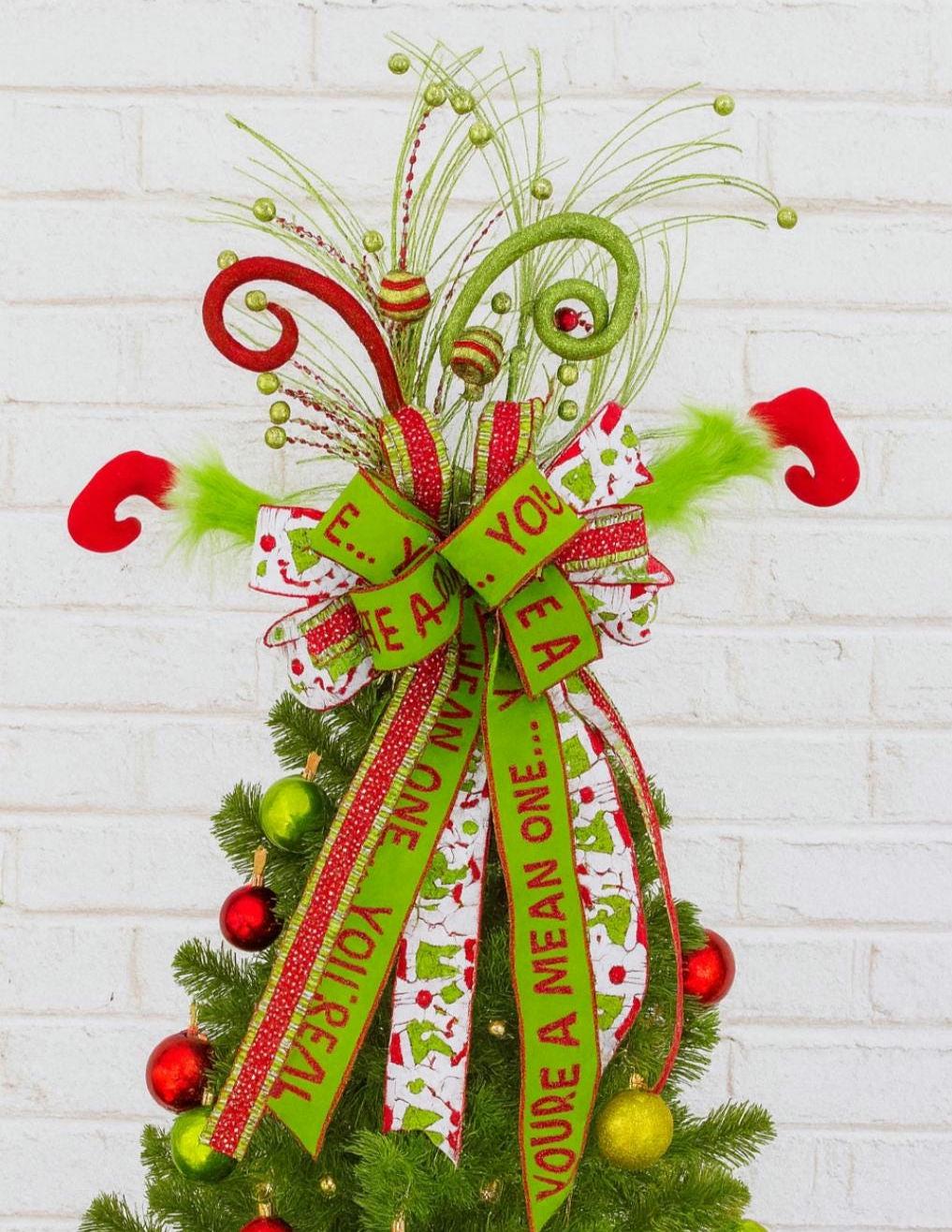 Tree topper Christmas lime and red, white holiday elf legs bow, You're a Mean One bow, Holiday Decor, Tree Decoration