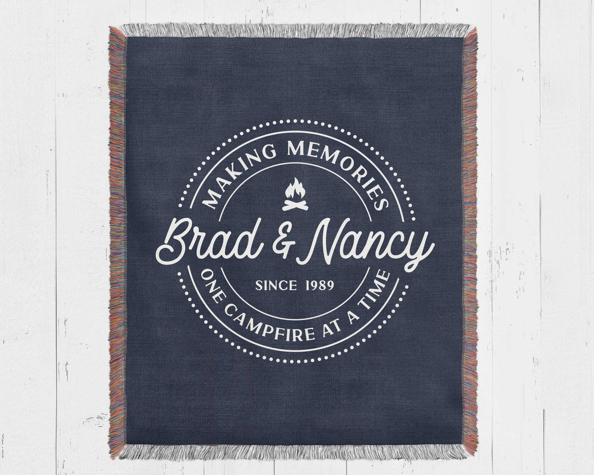 Custom Camping Woven Blanket: Personalized Family RV Camper Throw, RV Travel Trailer Decor, Gift for Outdoorsy Adventures Couple