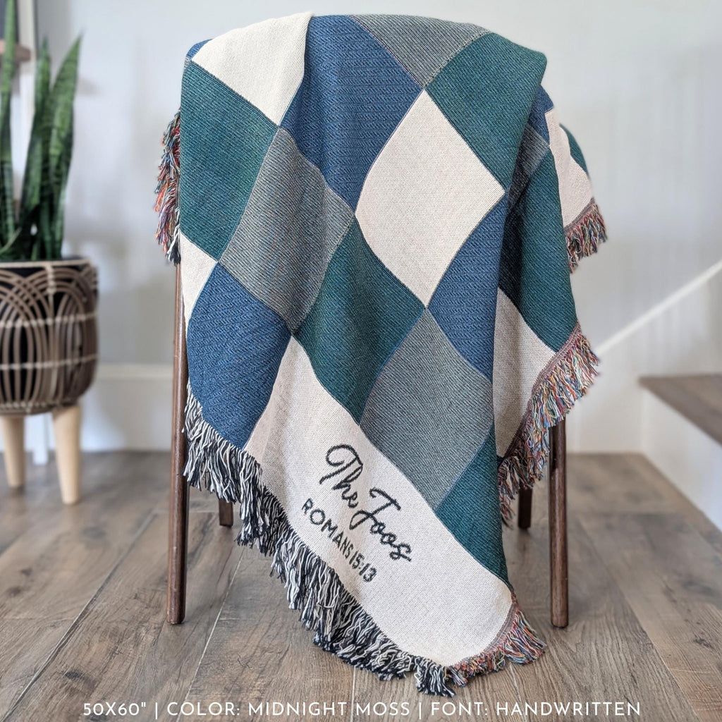Personalized Woven Throw | Modern Checkered Blanket, Name Gift for Him, Christmas Gift for Kids, Birthday Present for Teenage Son