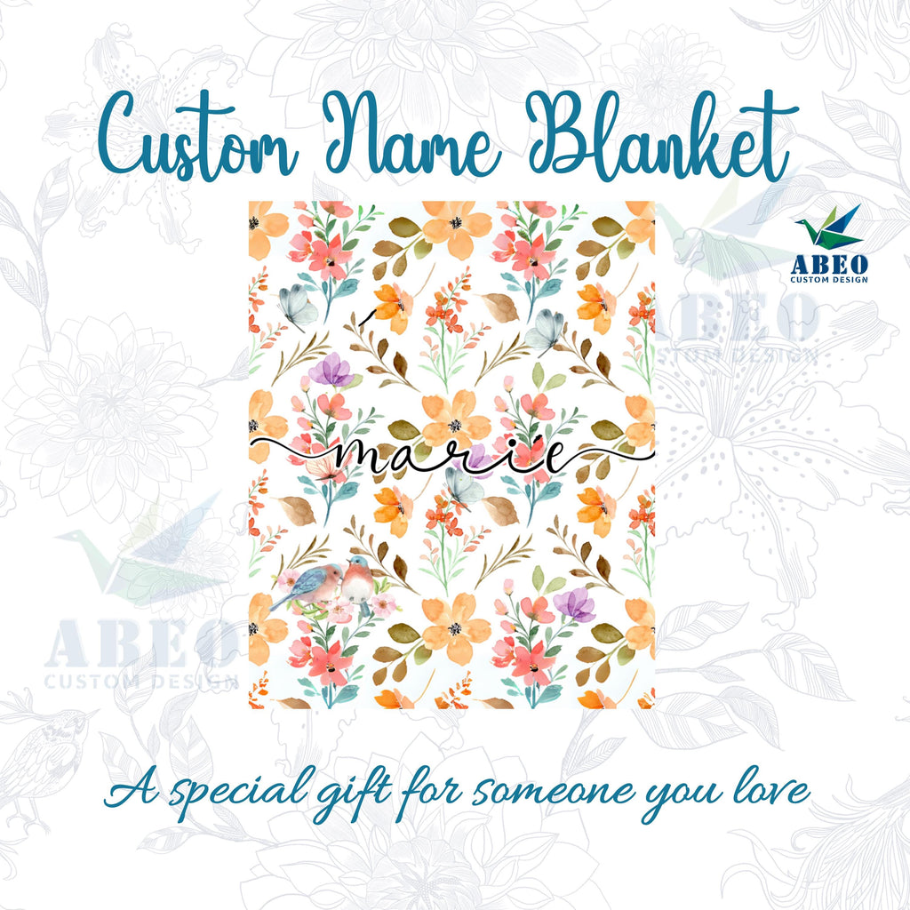 Floral Name Blanket for Girls, Personalized Boho Watercolor Nursery Throw, Soft Fleece or Sherpa, Custom Wildflower Baby Shower Gift | abeo