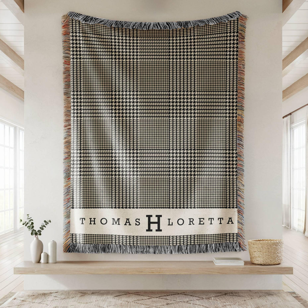 Personalized Woven Cotton Throw Blanket, Glen Plaid Monogram Blanket, Custom Name Gift for Wedding, Anniversary, Housewarming, Family Gift