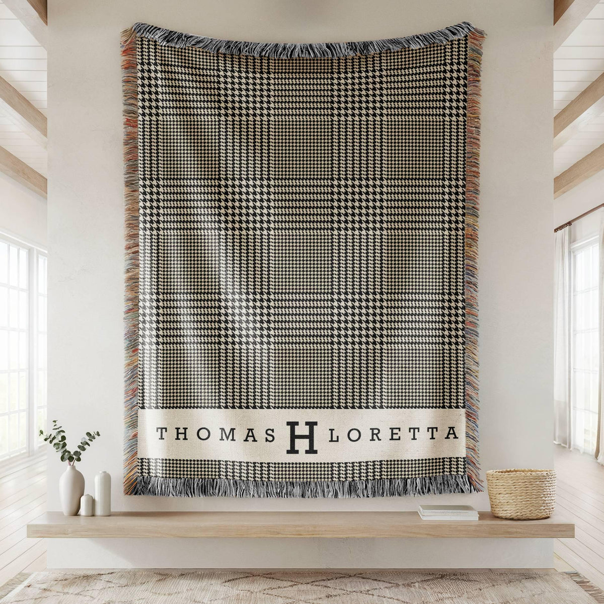 Personalized Woven Cotton Throw Blanket, Glen Plaid Monogram Blanket, Custom Name Gift for Wedding, Anniversary, Housewarming, Family Gift