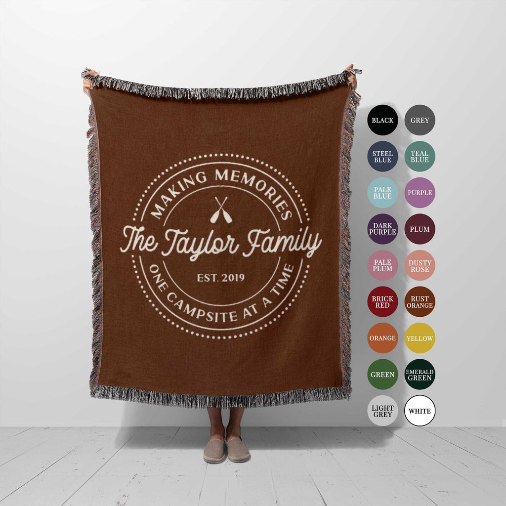 Custom Camping Woven Blanket: Personalized Family RV Camper Throw, RV Travel Trailer Decor, Gift for Outdoorsy Adventures Couple