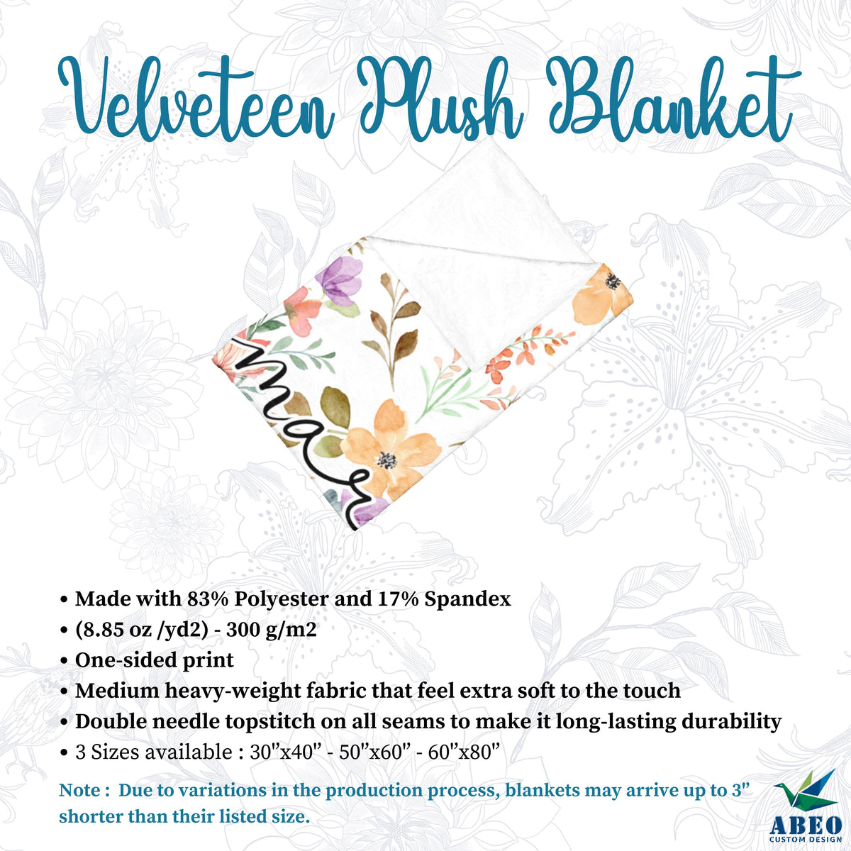 Floral Name Blanket for Girls, Personalized Boho Watercolor Nursery Throw, Soft Fleece or Sherpa, Custom Wildflower Baby Shower Gift | abeo
