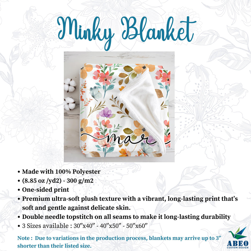 Floral Name Blanket for Girls, Personalized Boho Watercolor Nursery Throw, Soft Fleece or Sherpa, Custom Wildflower Baby Shower Gift | abeo