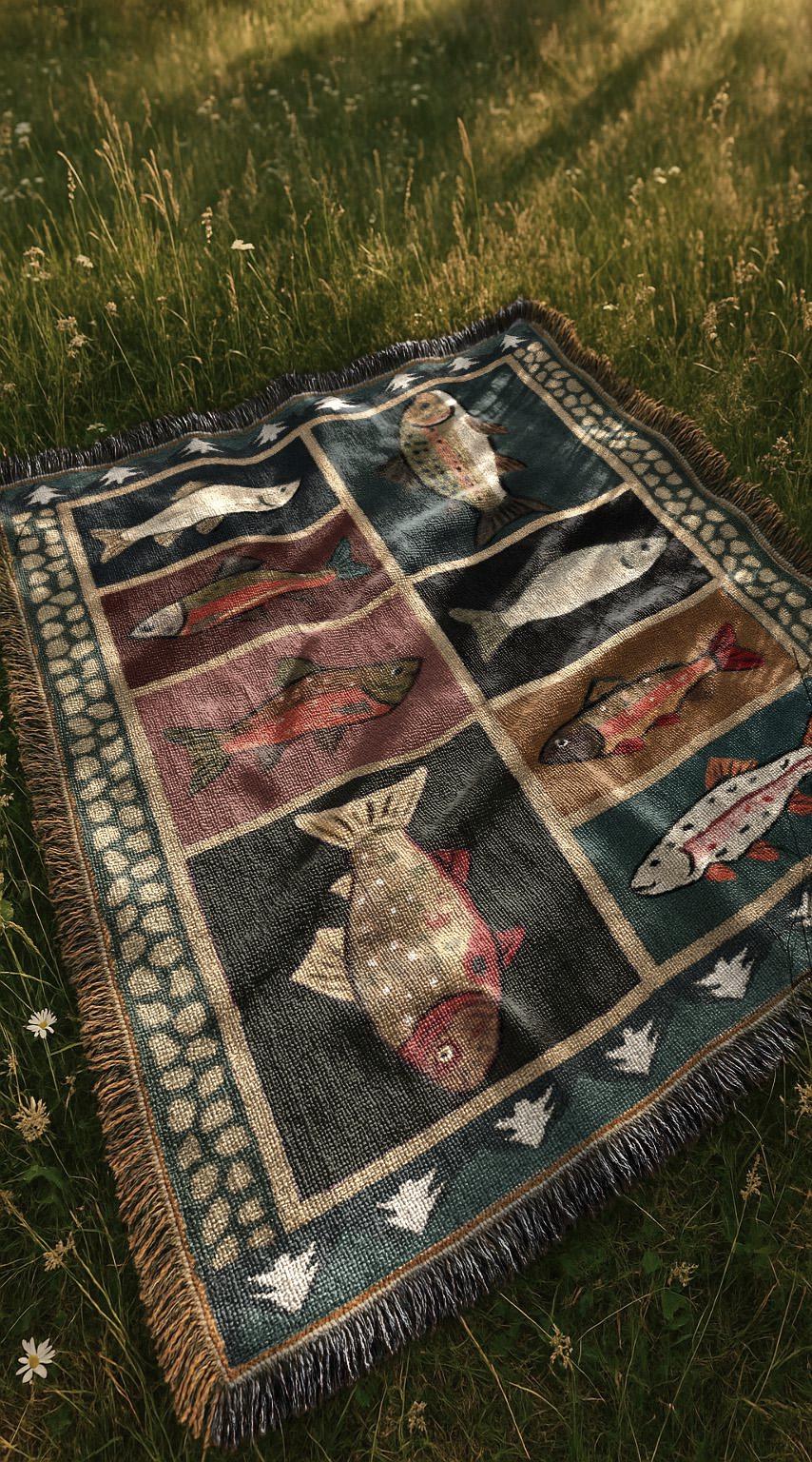 Vintage Fish Woven Blanket | Western Country Folk Lodge Cabin Tapestry | Rustic Home Decor Salmon Trout Throw Blanket