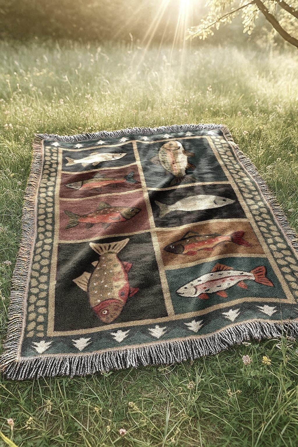 Vintage Fish Woven Blanket | Western Country Folk Lodge Cabin Tapestry | Rustic Home Decor Salmon Trout Throw Blanket