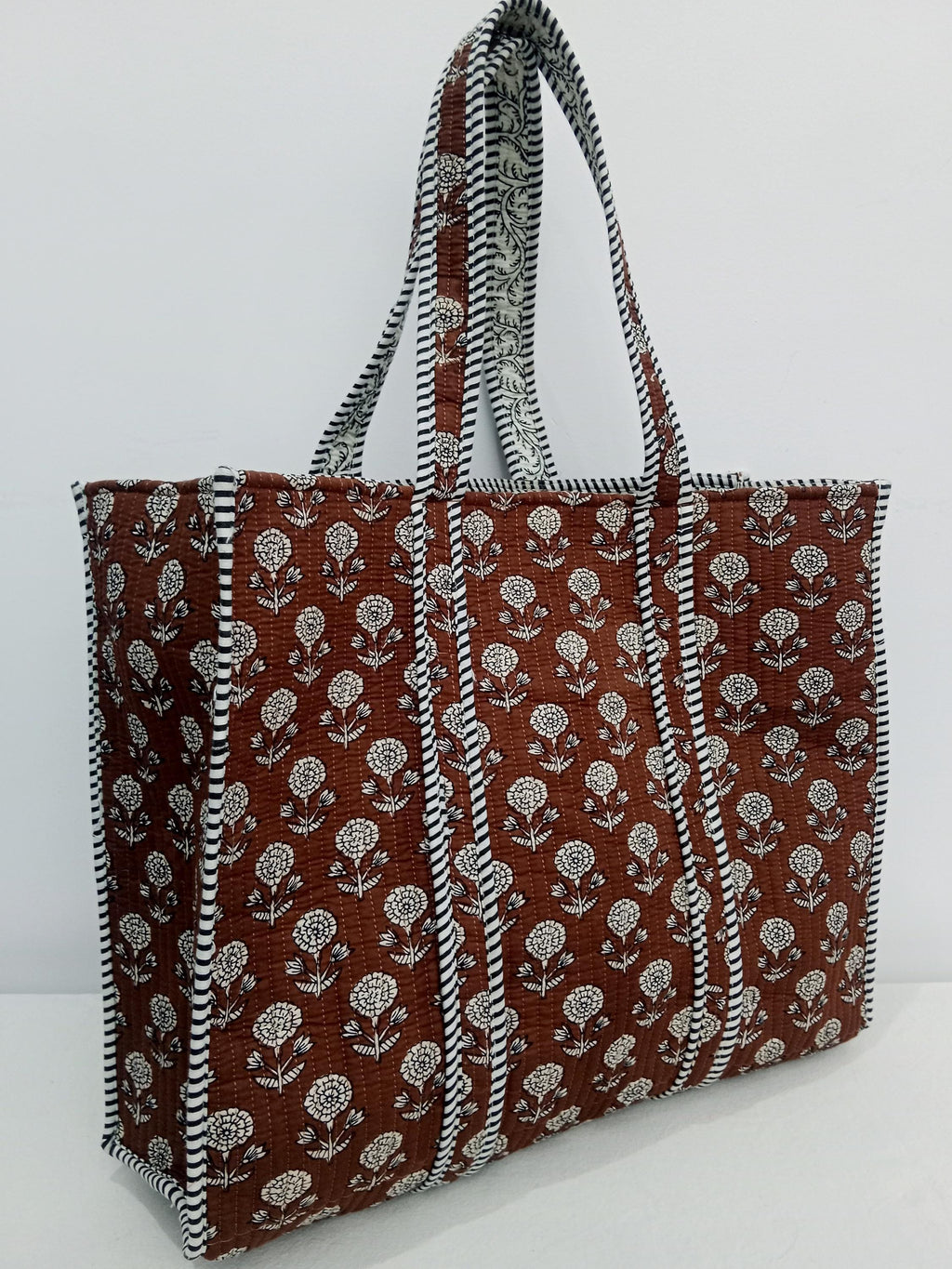 Handmade Brown Floral Kantha Quilt - Indian Cotton Bedspread Throw