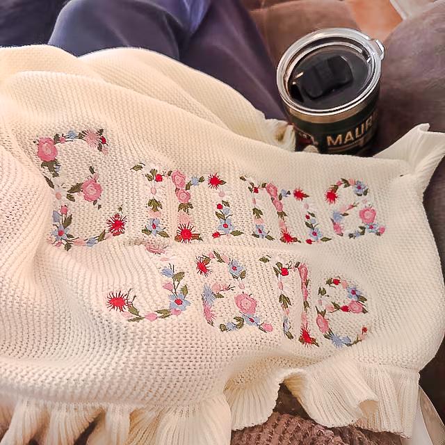 Personalized Embroidered Baby Blanket, Boho Baby Blanket, Floral Baby Blanket, Baby Knit Blanket, Newborn Gift For baby Girl, First Birthday