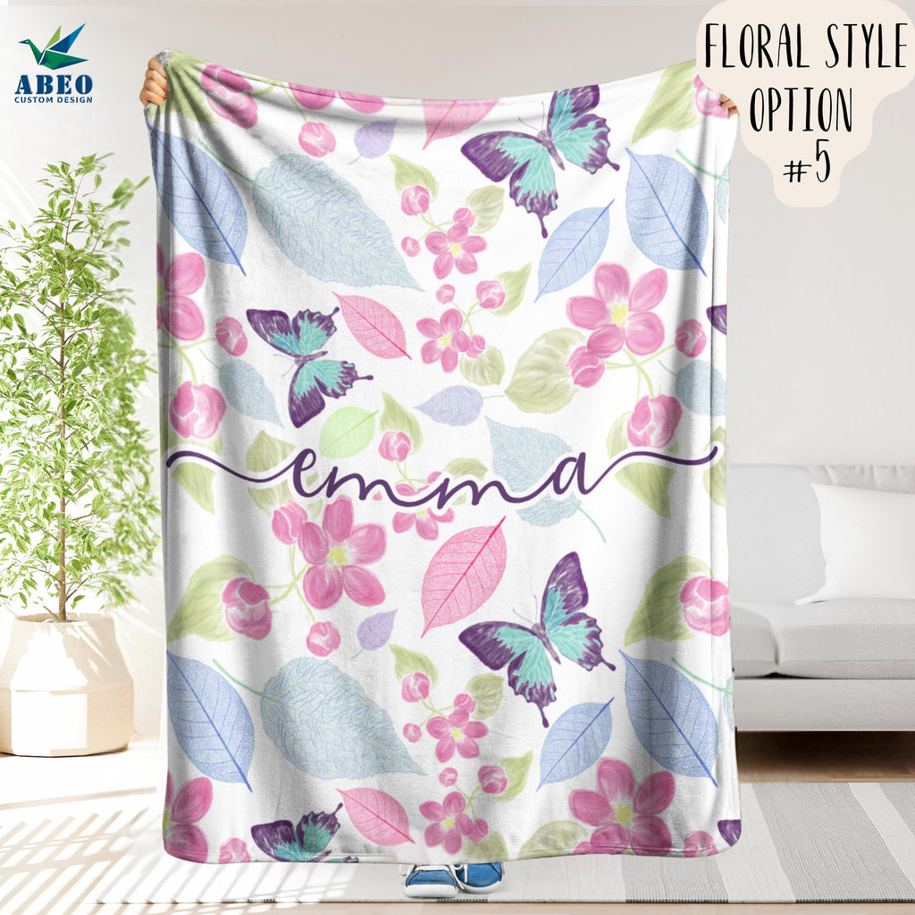 Floral Name Blanket for Girls, Personalized Boho Watercolor Nursery Throw, Soft Fleece or Sherpa, Custom Wildflower Baby Shower Gift | abeo