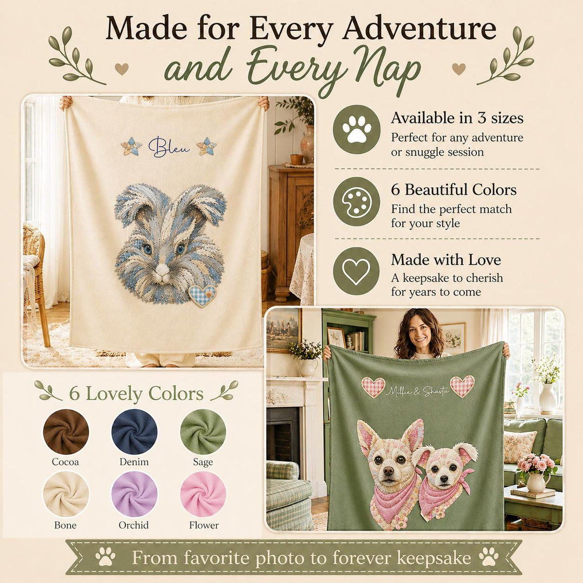 Custom Pet Portrait Blanket, Patchwork Quilt Style Art Pet Lover Dog Mama Keepsake Gift, Gotcha Adoption Day or Memorial Gift