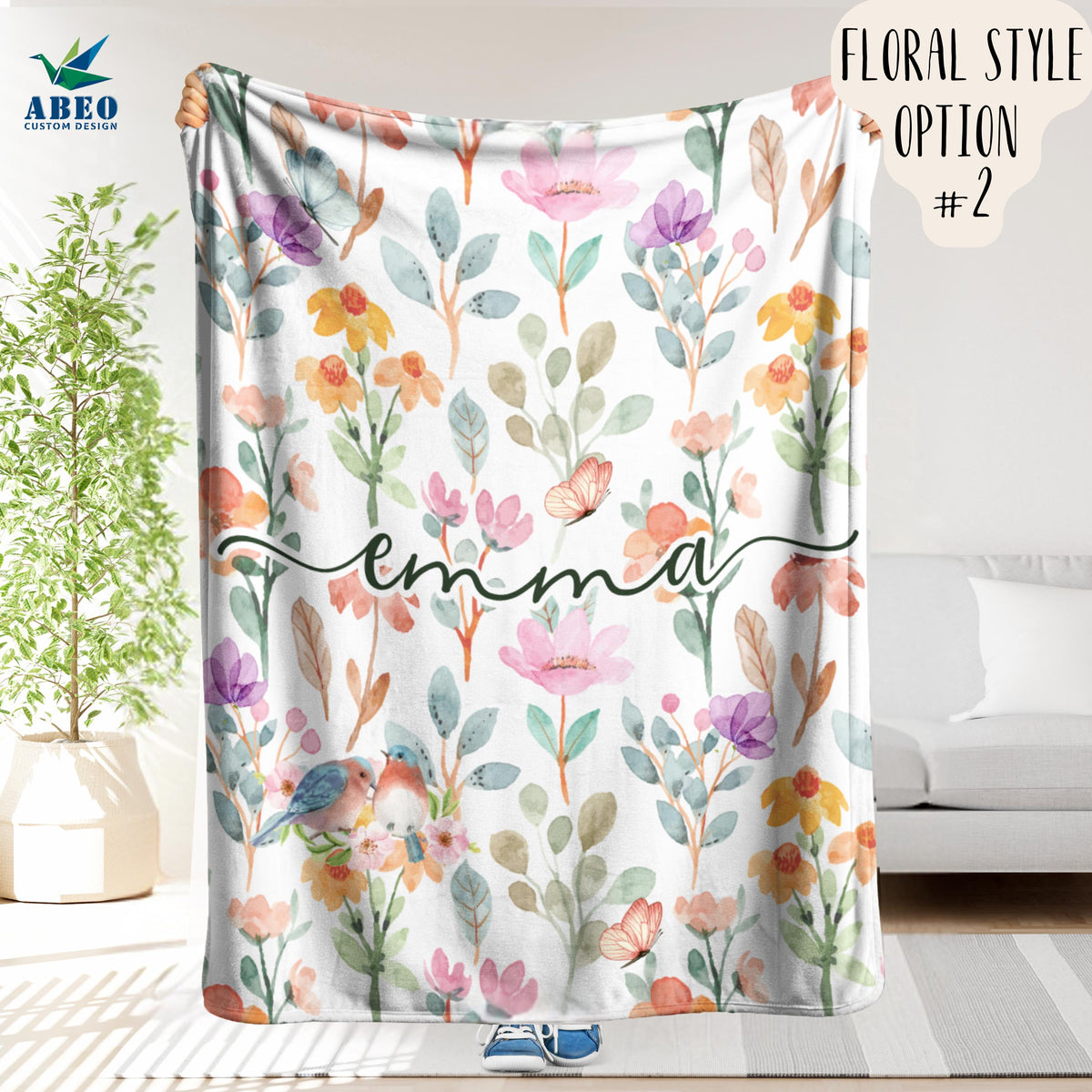Floral Name Blanket for Girls, Personalized Boho Watercolor Nursery Throw, Soft Fleece or Sherpa, Custom Wildflower Baby Shower Gift | abeo