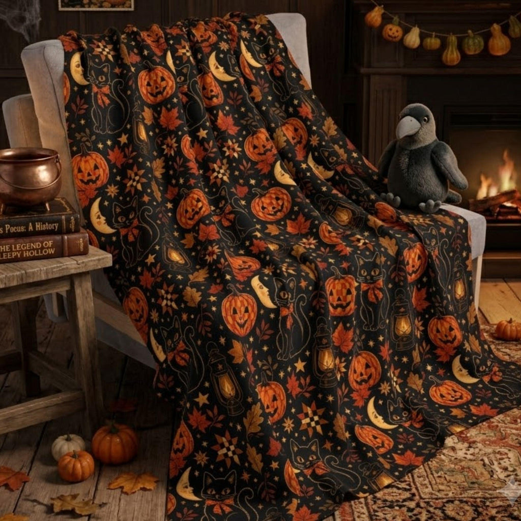 Black Cat Halloween Sherpa Blanket, Vintage Pumpkin Throw, Spooky Fall Decor