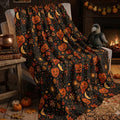 Black Cat Halloween Sherpa Blanket, Vintage Pumpkin Throw, Spooky Fall Decor