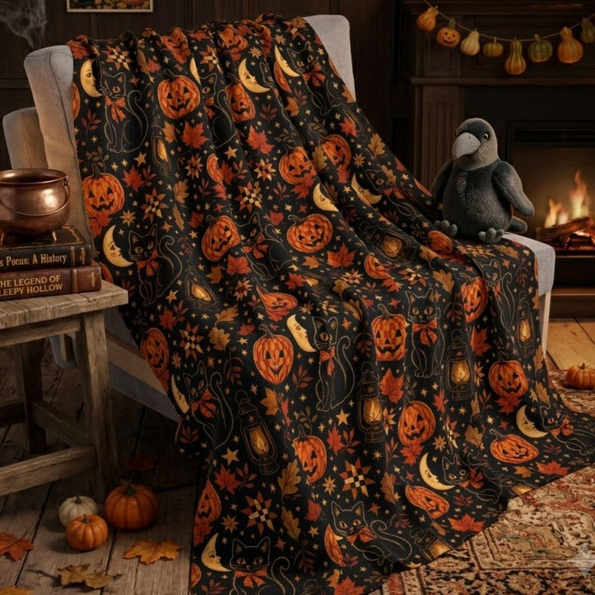 Black Cat Halloween Sherpa Blanket, Vintage Pumpkin Throw, Spooky Fall Decor