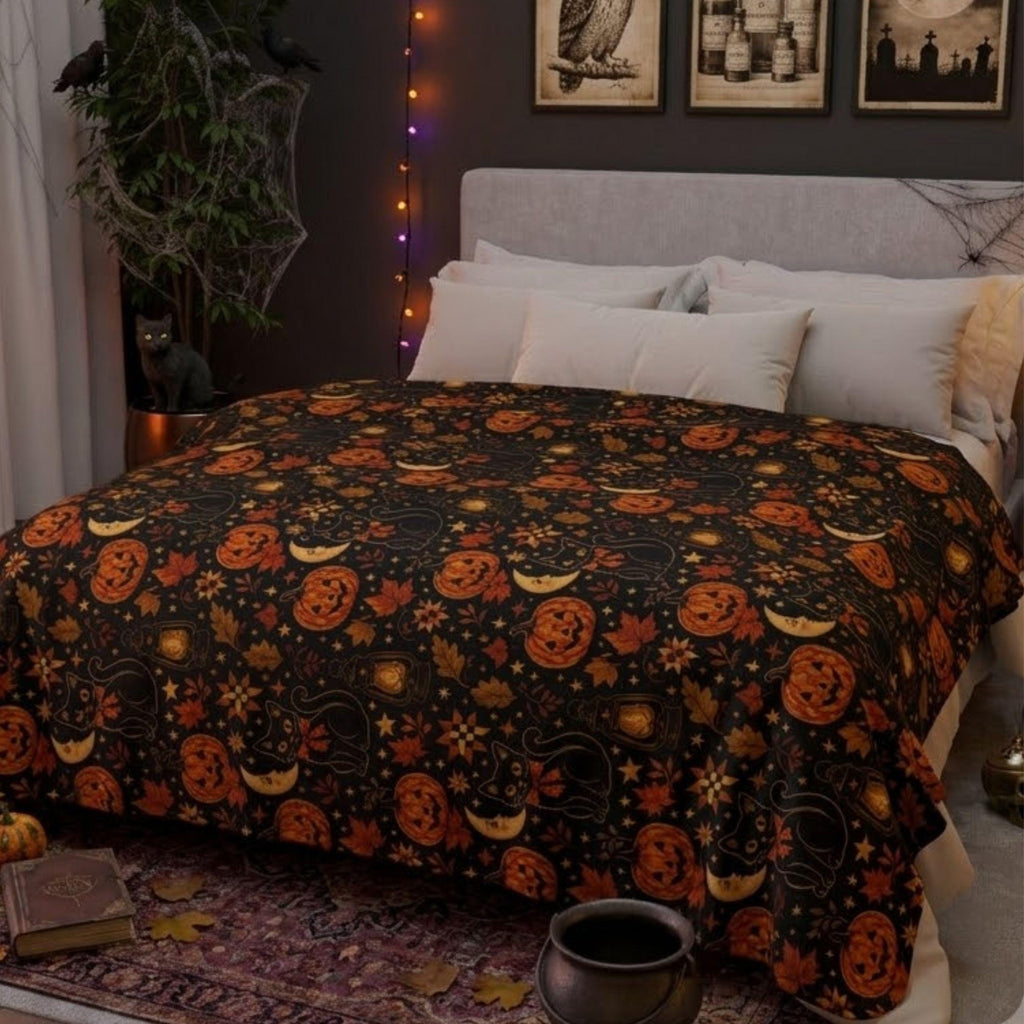 Black Cat Halloween Sherpa Blanket, Vintage Pumpkin Throw, Spooky Fall Decor