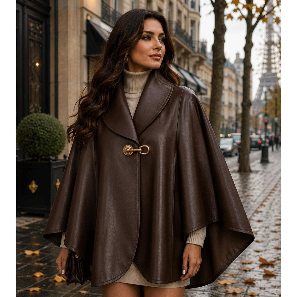 Women's Brown Leather Cape Jacket, Luxury Leather Poncho Coat, Fall Winter Chic Outerwear