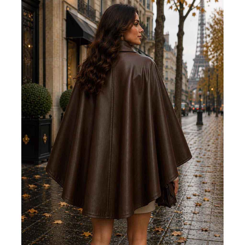 Women's Brown Leather Cape Jacket, Luxury Leather Poncho Coat, Fall Winter Chic Outerwear