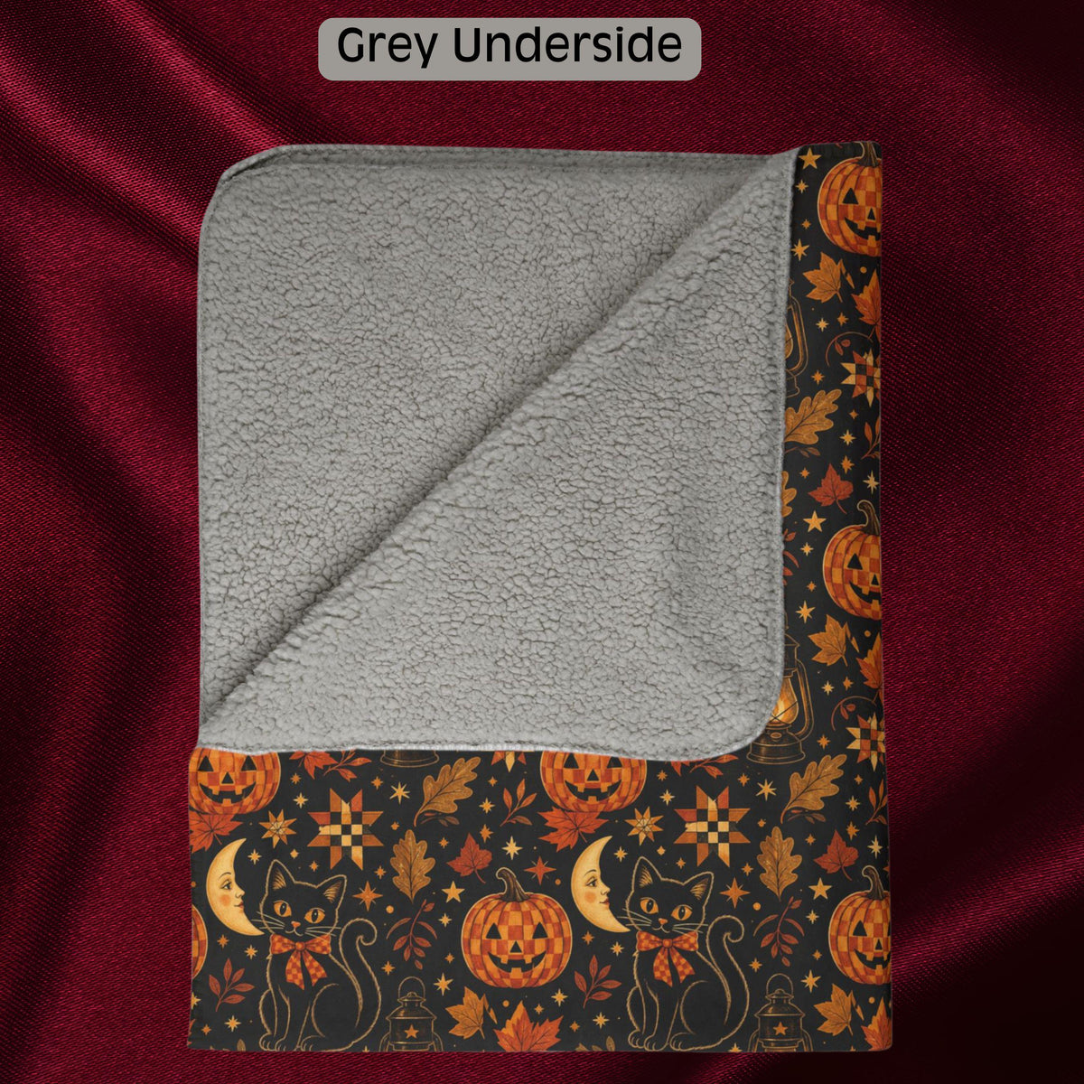 Black Cat Halloween Sherpa Blanket, Vintage Pumpkin Throw, Spooky Fall Decor