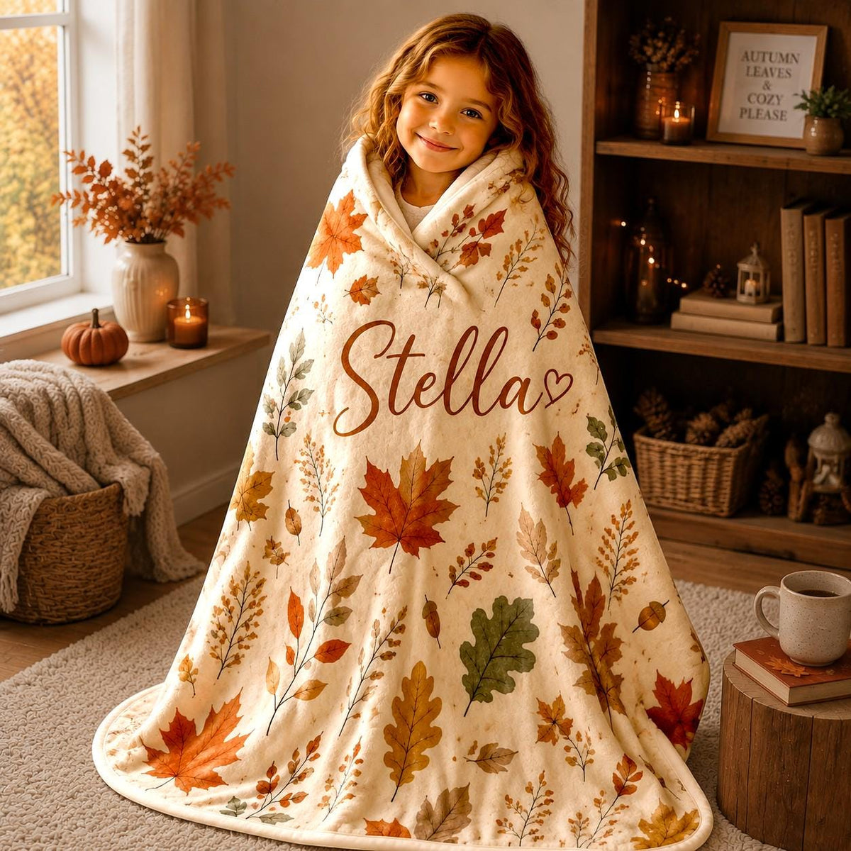 Personalized Fall Leaf Blanket, Custom Name Fleece Throw, Autumn Botanical Blanket, Cozy Cottagecore Decor, Soft Gift for Her, Bedroom Throw