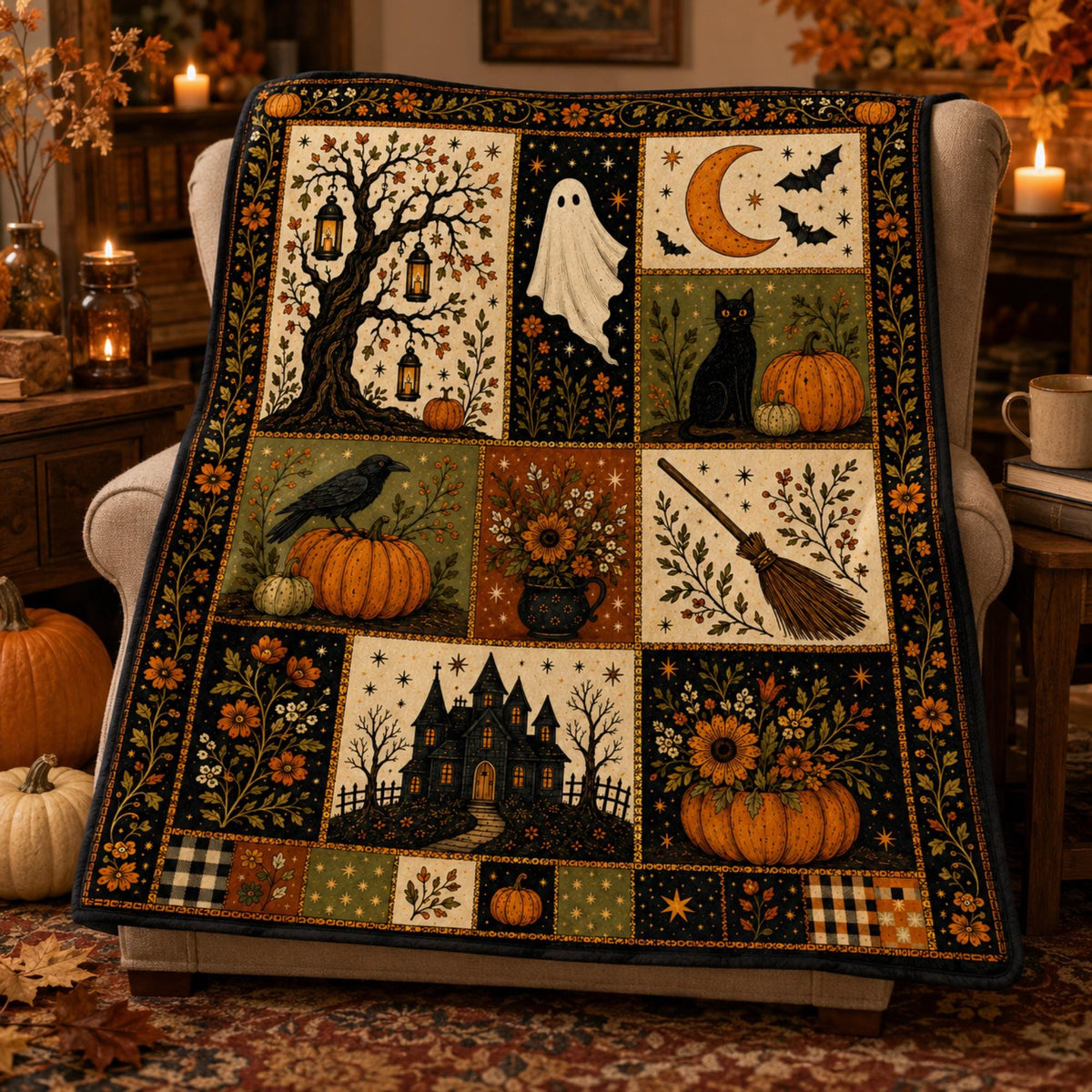 Vintage Halloween Flannel Blanket, Ghost Pumpkin Black Cat Throw, Haunted House Witch Broom Fall Decor, Gothic Cottagecore Autumn Gift