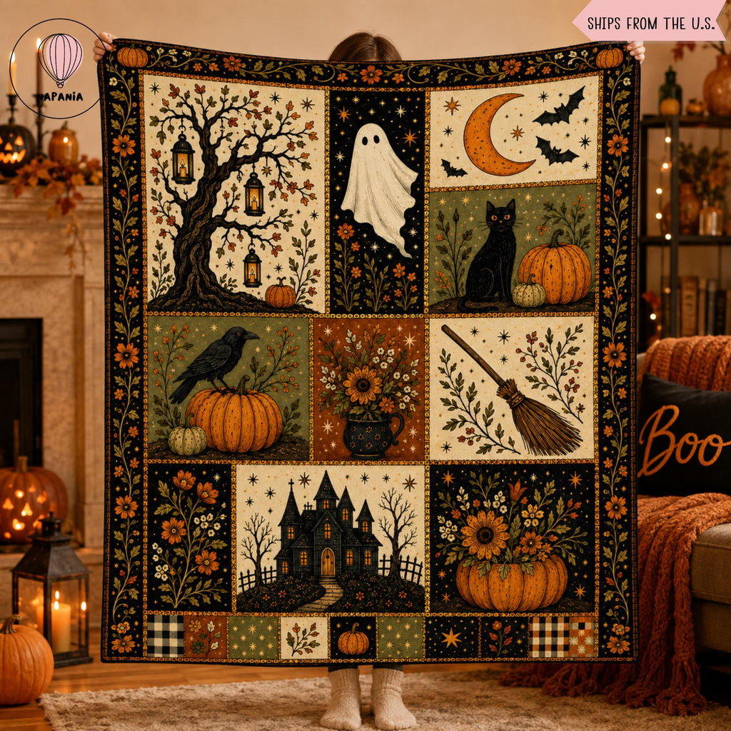 Vintage Halloween Flannel Blanket, Ghost Pumpkin Black Cat Throw, Haunted House Witch Broom Fall Decor, Gothic Cottagecore Autumn Gift