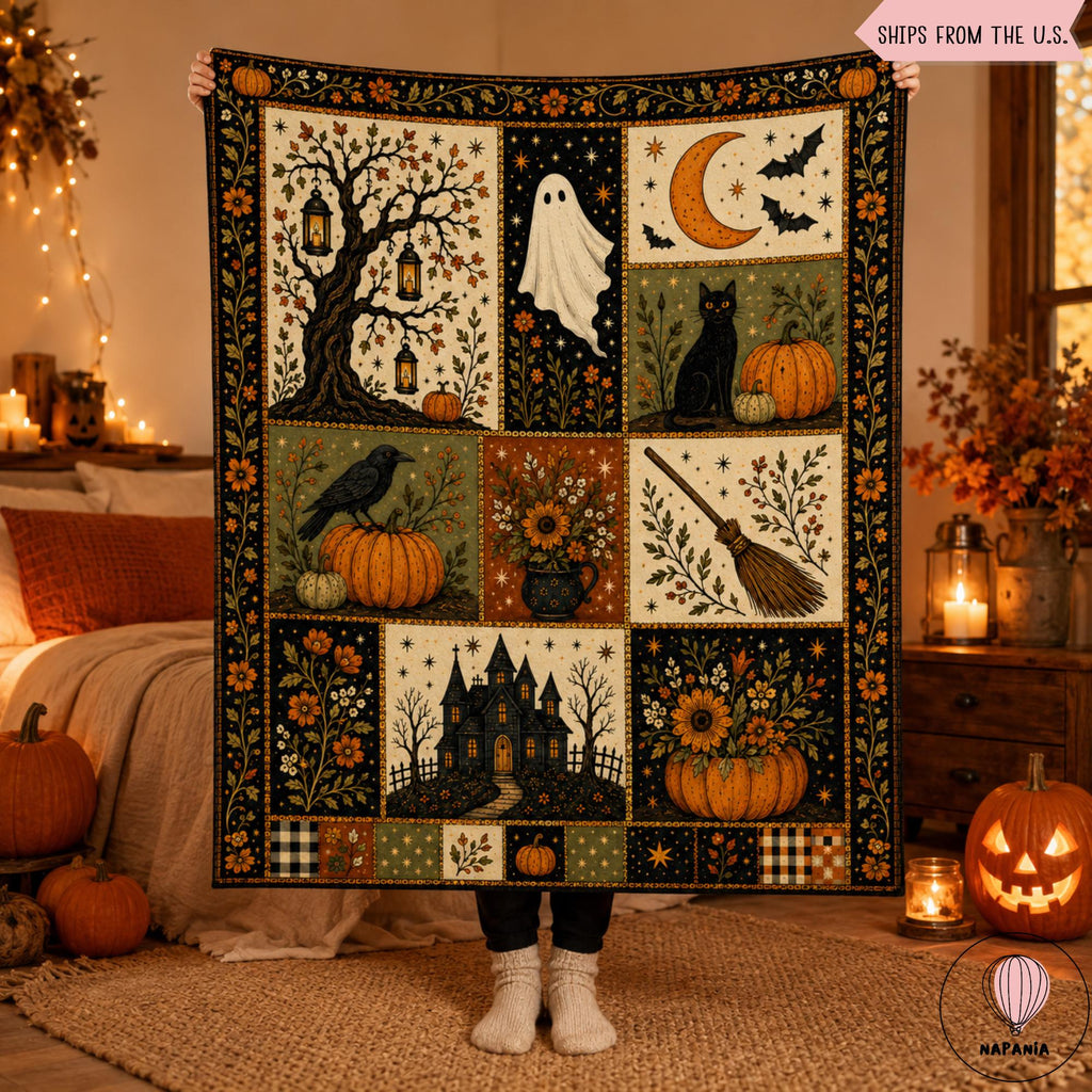 Vintage Halloween Flannel Blanket, Ghost Pumpkin Black Cat Throw, Haunted House Witch Broom Fall Decor, Gothic Cottagecore Autumn Gift