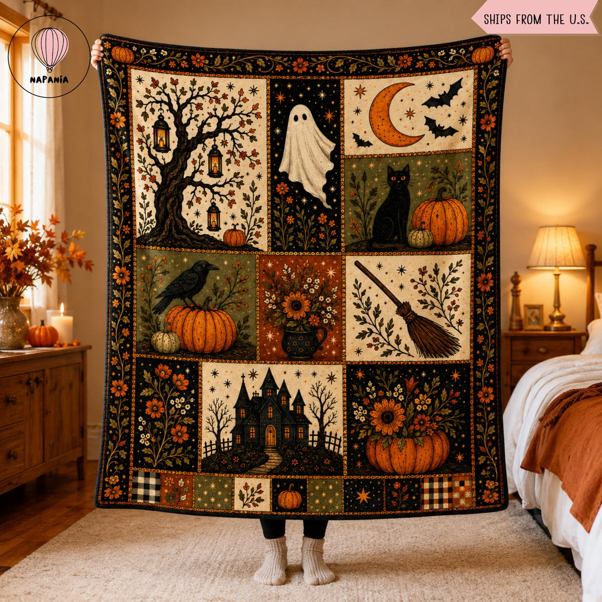 Vintage Halloween Flannel Blanket, Ghost Pumpkin Black Cat Throw, Haunted House Witch Broom Fall Decor, Gothic Cottagecore Autumn Gift